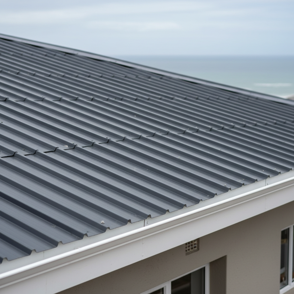 A close-up, photographic detail of a high-quality metal roof installation on a residential home, showing perfectly aligned charcoal-grey corrugated sheets with crisp ridges and immaculate fastenings. The roof meets a neat white fascia and gutter system, with subtle seams and no visible imperfections. In the background, slightly out of focus, are neutral-toned walls and a small glimpse of the coastal horizon of Mossel Bay under a pale, overcast sky. Diffused daylight creates soft highlights along the ridges and minimal shadows, emphasizing material texture and precision. Captured from a slightly elevated angle along the roofline, the image has a clean, modern, and professional mood, with a structured composition that speaks to durability, weather resistance, and meticulous roofing craftsmanship.