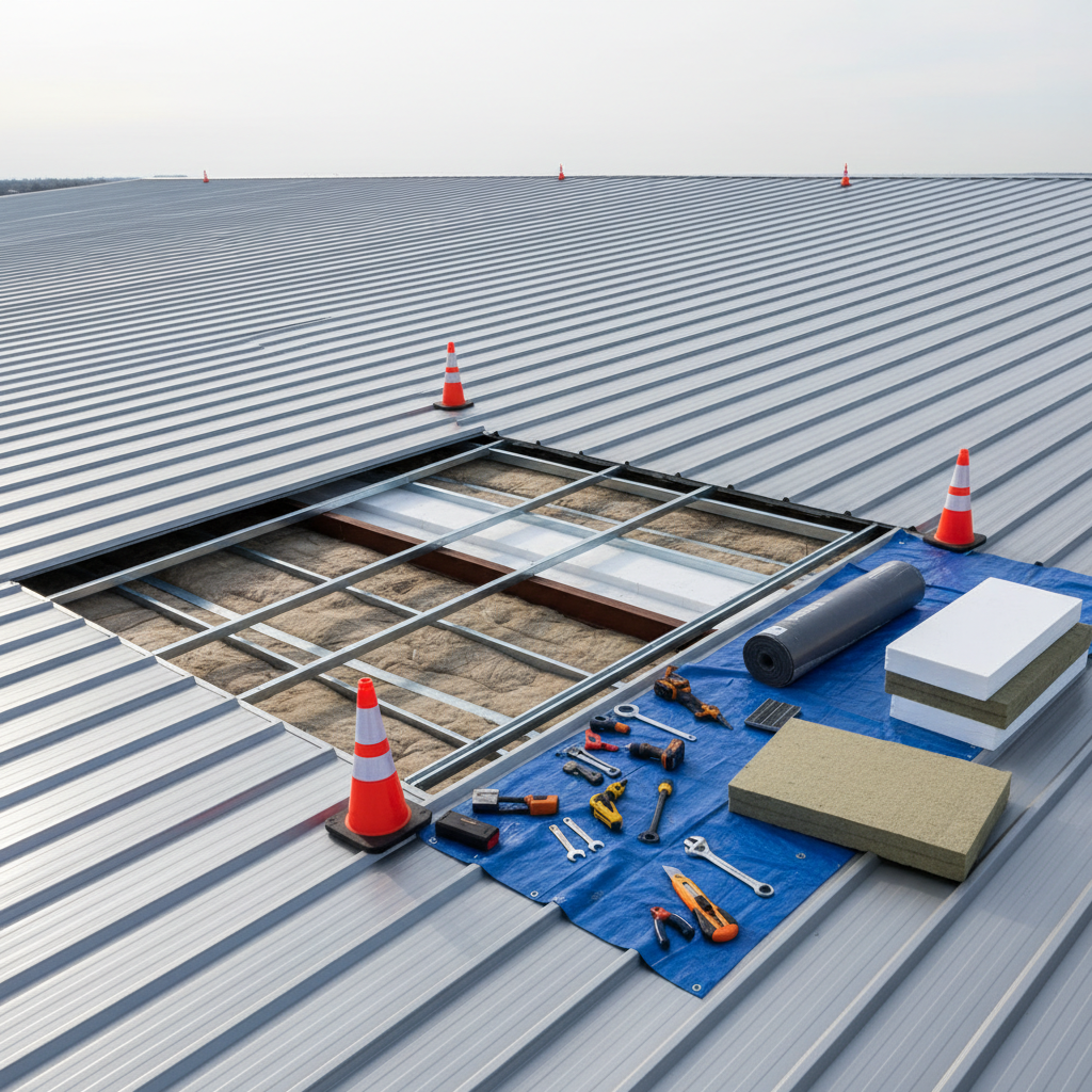 A professional, photographic scene of a roof repair in progress on a commercial warehouse, but without any people present. A section of the roof is neatly opened, revealing layered insulation and structural beams, surrounded by carefully arranged tools, sealed material rolls, and safety cones. The existing roof is medium-grey metal sheeting with clearly defined seams and a low pitch, extending toward the horizon. Bright but slightly diffused midday sunlight from an overcast sky creates even illumination with minimal harsh shadows. Shot from a slightly elevated angle, the composition emphasizes order and methodical work, with strong horizontal lines and a neutral-toned palette. The mood is efficient and technical, highlighting professional maintenance services and attention to detail in a clean, modern, corporate style.